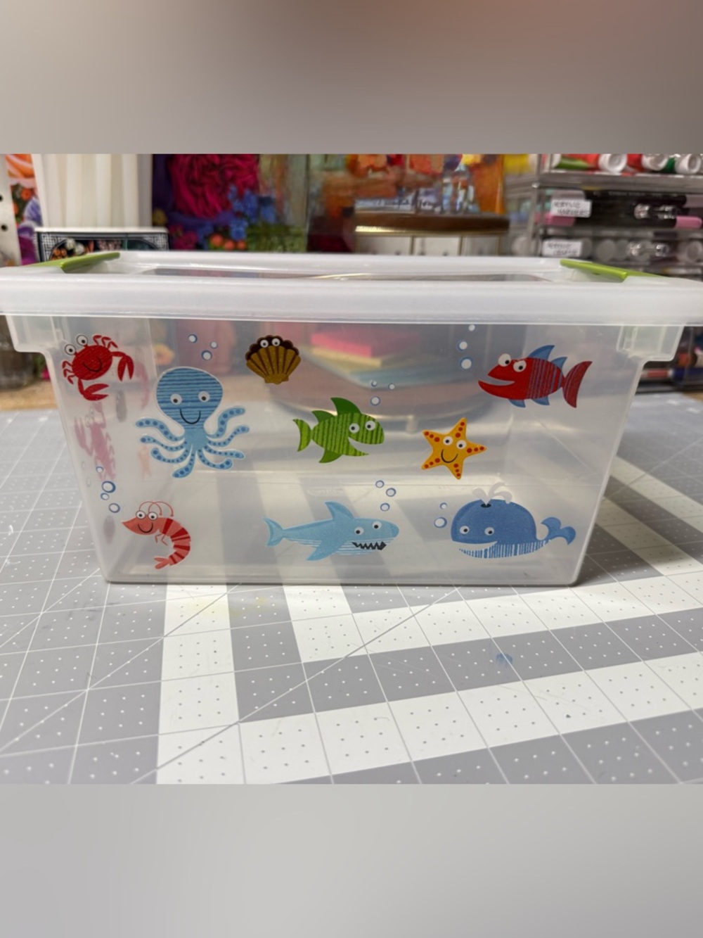 Decorated storage bin with lid. Colorful sea creatures design. Like new!